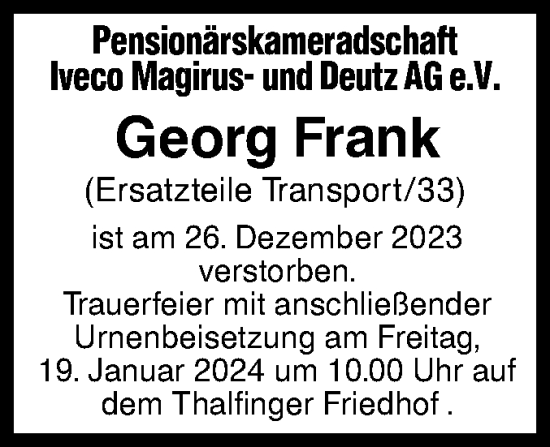 Traueranzeige von Georg Frank von SÜDWEST PRESSE Ausgabe Ulm/Neu-Ulm