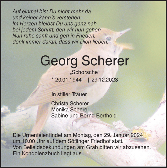 Traueranzeige von Georg Scherer von SÜDWEST PRESSE Ausgabe Ulm/Neu-Ulm