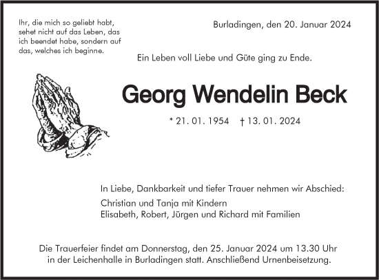 Traueranzeige von Georg Wendelin Beck von Hohenzollerische Zeitung