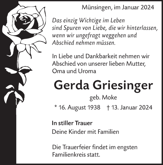 Traueranzeige von Gerda Griesinger von Alb-Bote/Metzinger-Uracher Volksblatt