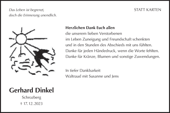 Traueranzeige von Gerhard Dinkel von Hohenloher Tagblatt