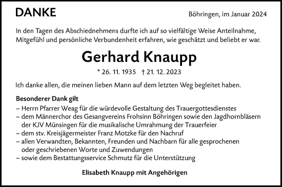 Traueranzeige von Gerhard Knaupp von Alb-Bote/Metzinger-Uracher Volksblatt