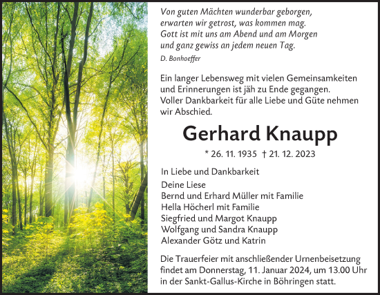 Traueranzeige von Gerhard Knaupp von Alb-Bote/Metzinger-Uracher Volksblatt