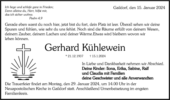 Traueranzeige von Gerhard Kühlewein von Rundschau Gaildorf