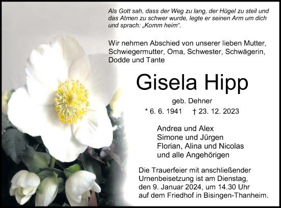 Traueranzeige von Gisela Hipp von Hohenzollerische Zeitung