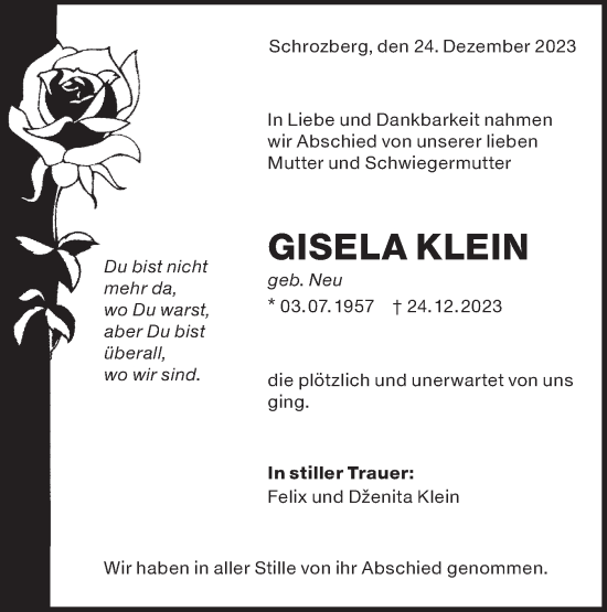 Traueranzeige von Gisela Klein von SÜDWEST PRESSE