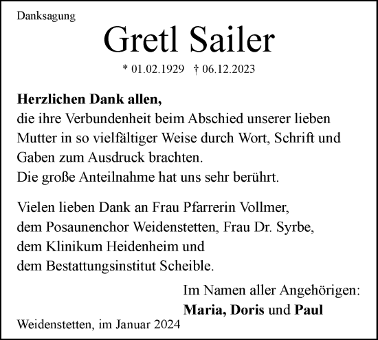 Traueranzeige von Gretl Sailer von SÜDWEST PRESSE Ausgabe Ulm/Neu-Ulm