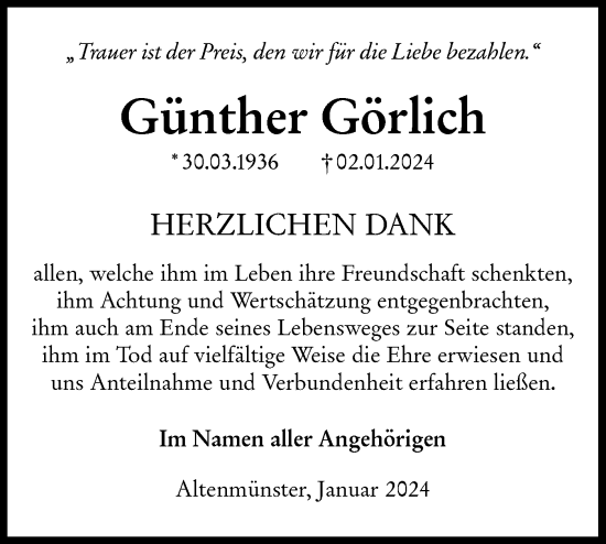 Traueranzeige von Günther Görlich von Hohenloher Tagblatt