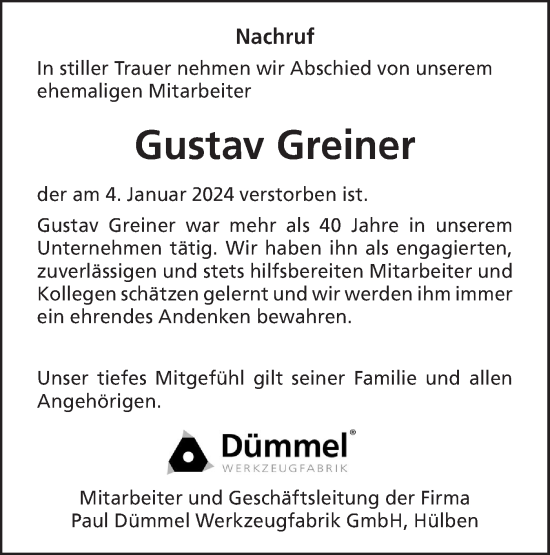 Traueranzeige von Gustav Greiner von SÜDWEST PRESSE/SÜDWEST PRESSE