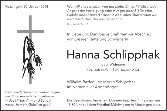 Traueranzeige von Hanna Schlipphak von SÜDWEST PRESSE/SÜDWEST PRESSE