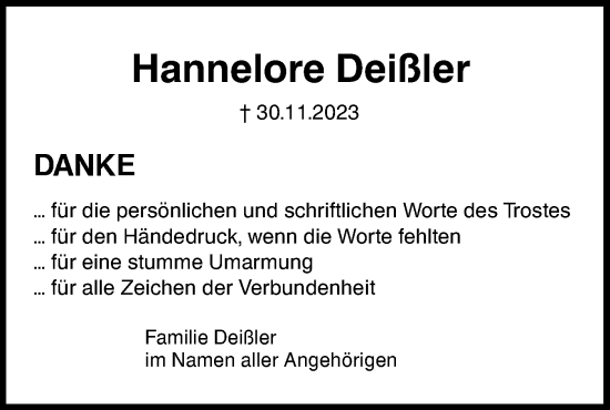 Traueranzeige von Hannelore Deißler von Das Blaumännle