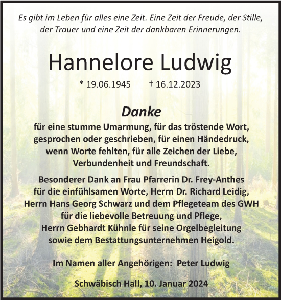 Traueranzeige von Hannelore Ludwig von Haller Tagblatt