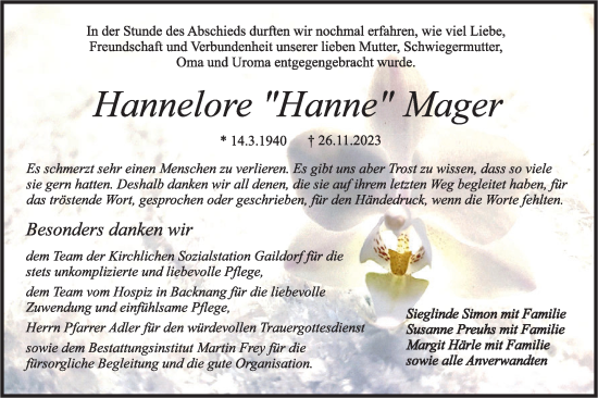 Traueranzeige von Hannelore Mager von Rundschau Gaildorf