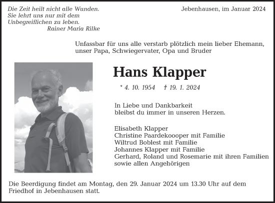 Traueranzeige von Hans Klapper von NWZ Neue Württembergische Zeitung