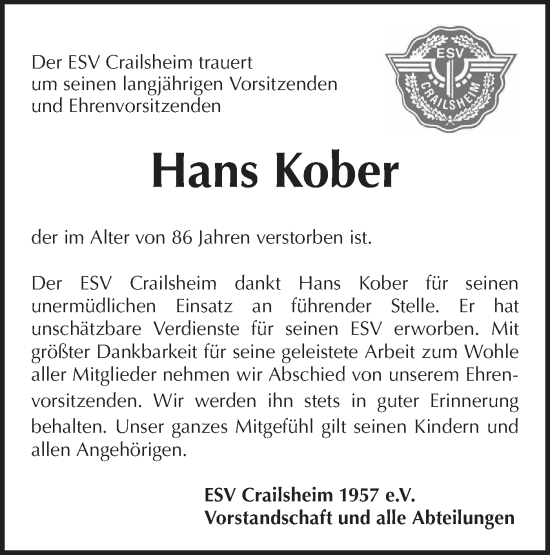 Traueranzeige von Hans Kober von Hohenloher Tagblatt