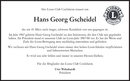 Traueranzeige von Hans Georg Gscheidel von Hohenloher Tagblatt