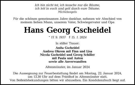 Traueranzeige von Hans Georg Gscheidel von Hohenloher Tagblatt