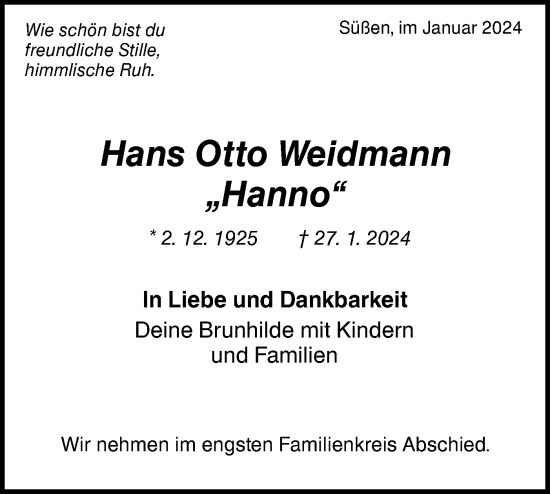 Traueranzeige von Hans Otto Weidmann von NWZ Neue Württembergische Zeitung