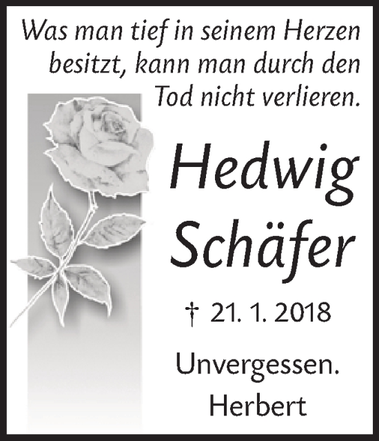 Traueranzeige von Hedwig Schäfer von SÜDWEST PRESSE/SÜDWEST PRESSE