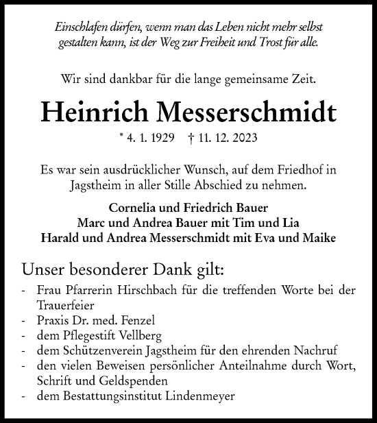 Traueranzeige von Heinrich Messerschmidt von Hohenloher Tagblatt