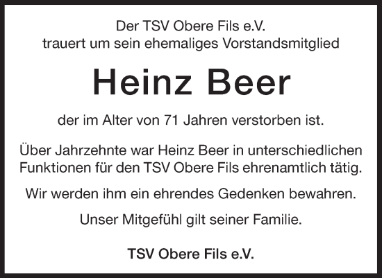 Traueranzeige von Heinz Beer von Geislinger Zeitung