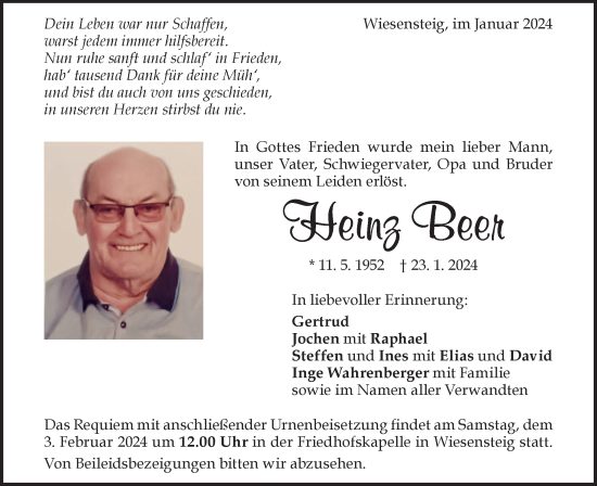 Traueranzeige von Heinz Beer von Geislinger Zeitung