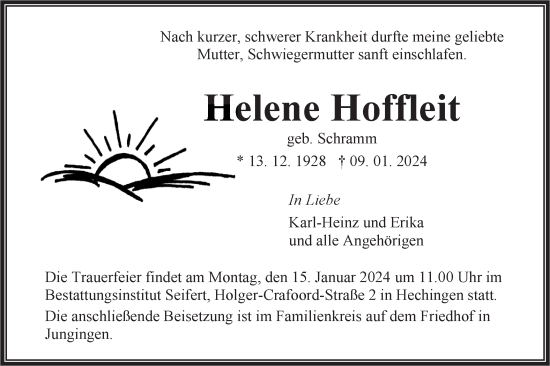 Traueranzeige von Helene Hoffleit von Hohenzollerische Zeitung