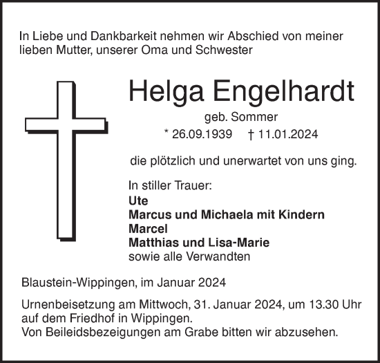 Traueranzeige von Helga Engelhardt von SÜDWEST PRESSE Ausgabe Ulm/Neu-Ulm