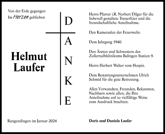 Traueranzeige von Helmut Laufer von Hohenzollerische Zeitung