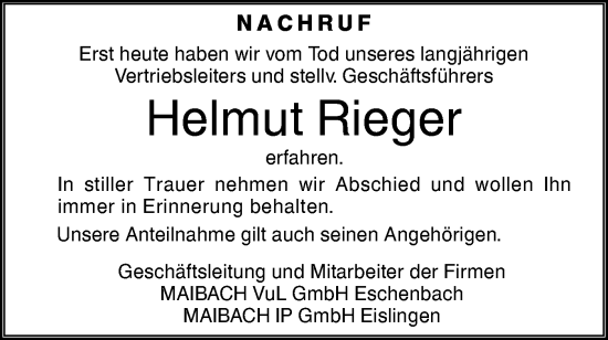 Traueranzeige von Helmut Rieger von NWZ Neue Württembergische Zeitung