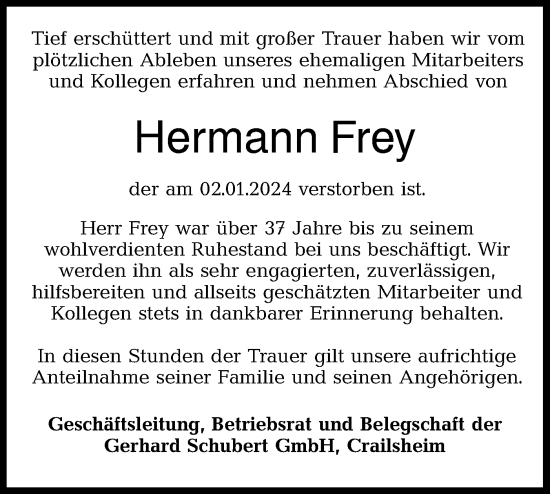 Traueranzeige von Hermann Frey von Hohenloher Tagblatt
