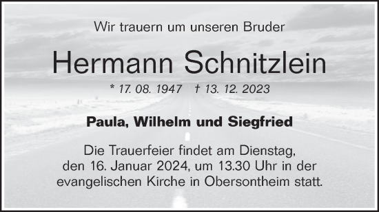 Traueranzeige von Hermann Schnitzlein von Haller Tagblatt