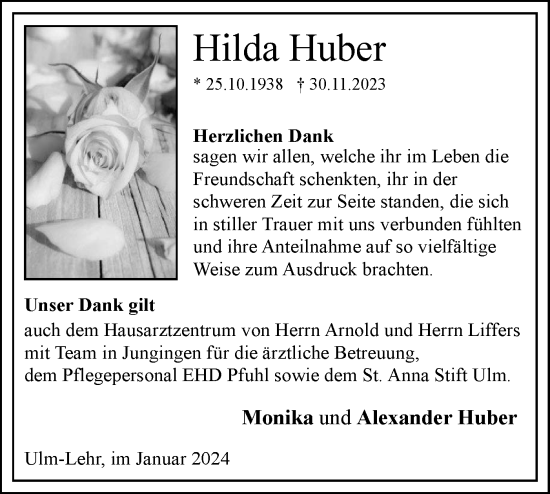 Traueranzeige von Hilda Huber von SÜDWEST PRESSE Ausgabe Ulm/Neu-Ulm