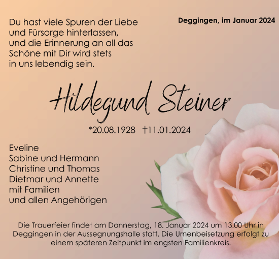 Traueranzeige von Hildegund Steiner von Geislinger Zeitung