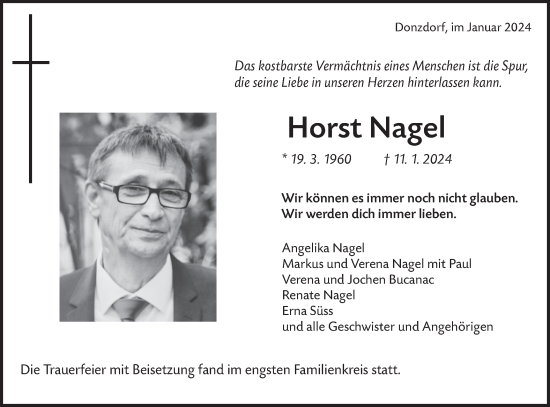 Traueranzeige von Horst Nagel von NWZ Neue Württembergische Zeitung