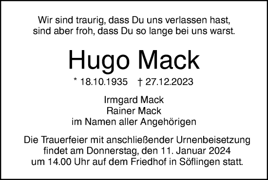 Traueranzeige von Hugo Mack von SÜDWEST PRESSE Ausgabe Ulm/Neu-Ulm