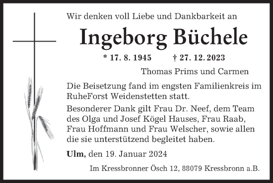 Traueranzeige von Ingeborg Büchele von SÜDWEST PRESSE Ausgabe Ulm/Neu-Ulm