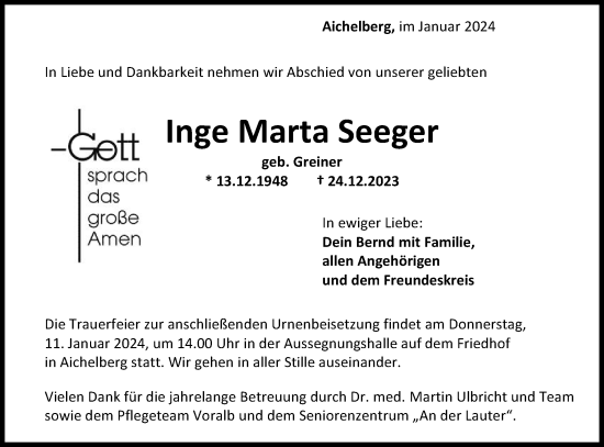 Traueranzeige von Inge Marta Seeger von NWZ Neue Württembergische Zeitung