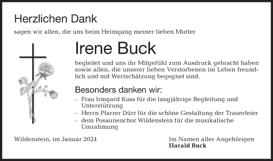 Traueranzeige von Irene Buck von Hohenloher Tagblatt