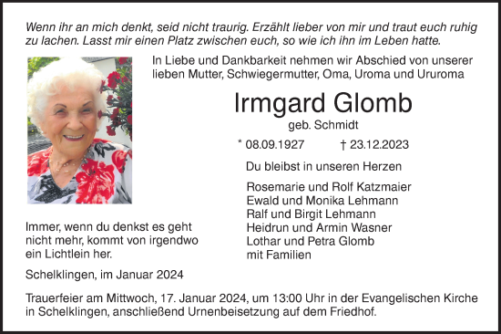 Traueranzeige von Irmgard Glomb von Ehinger Tagblatt