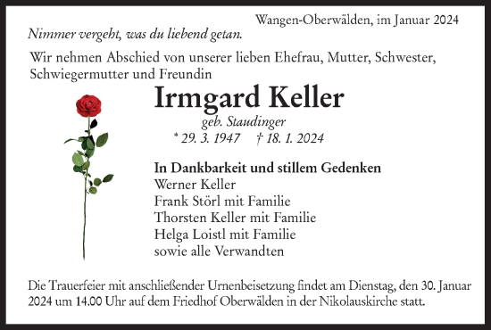 Traueranzeige von Irmgard Keller von NWZ Neue Württembergische Zeitung