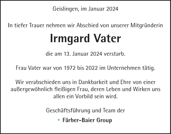 Traueranzeige von Irmgard Vater von Geislinger Zeitung