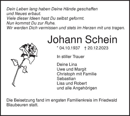 Traueranzeige von Johann Schein von SÜDWEST PRESSE Ausgabe Ulm/Neu-Ulm