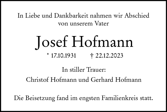 Traueranzeige von Josef Hofmann von SÜDWEST PRESSE Ausgabe Ulm/Neu-Ulm