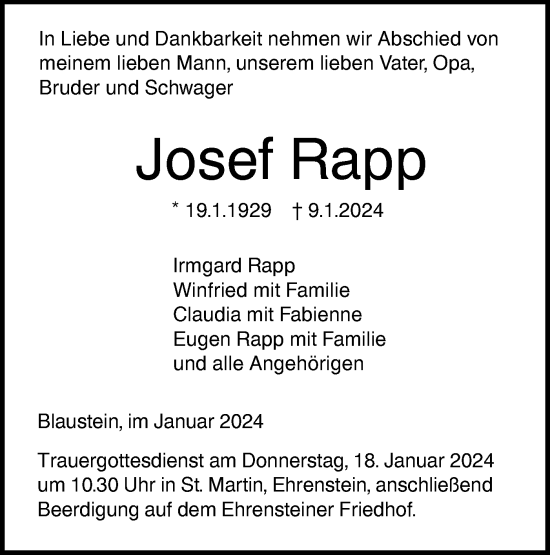 Traueranzeige von Josef Rapp von SÜDWEST PRESSE Ausgabe Ulm/Neu-Ulm