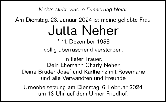 Traueranzeige von Jutta Neher von SÜDWEST PRESSE Ausgabe Ulm/Neu-Ulm