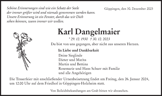 Traueranzeige von Karl Dangelmaier von NWZ Neue Württembergische Zeitung