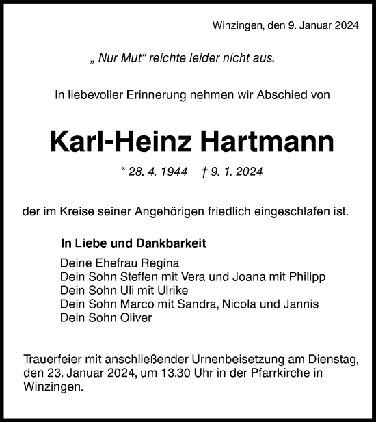 Traueranzeige von Karl-Heinz Hartmann von NWZ Neue Württembergische Zeitung