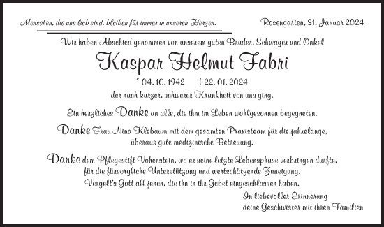 Traueranzeige von Kaspar Helmut Fabri von Haller Tagblatt