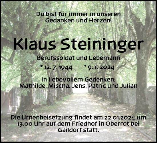 Traueranzeige von Klaus Steininger von Rundschau Gaildorf